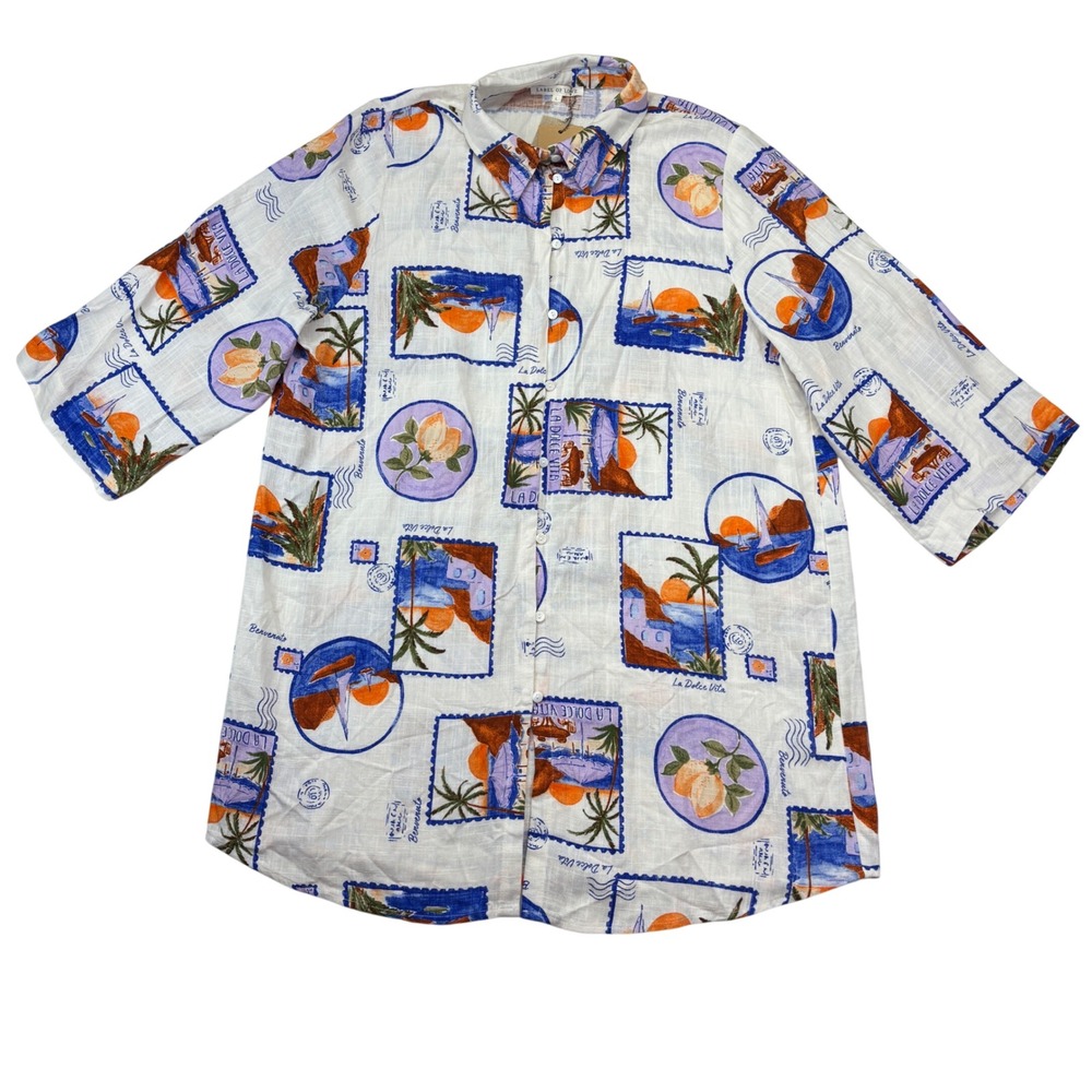 Label of Love Mens Linen Blend Postcard‎ Print Button Down Shirt Blue Moon L NEW - Picture 3 of 11